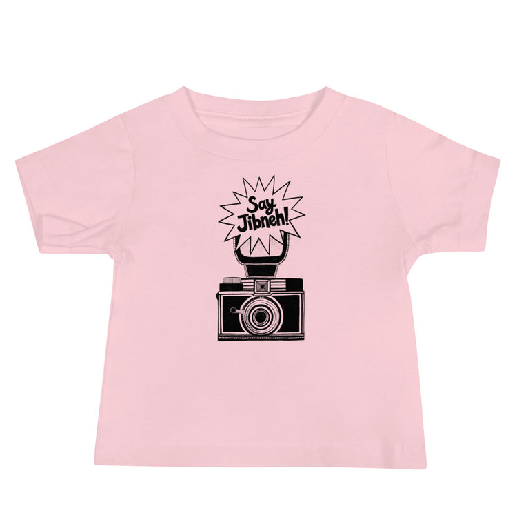 Say Jibneh short sleeve baby tee in pink, front view, Arab food humor baby clothing by BOSA
