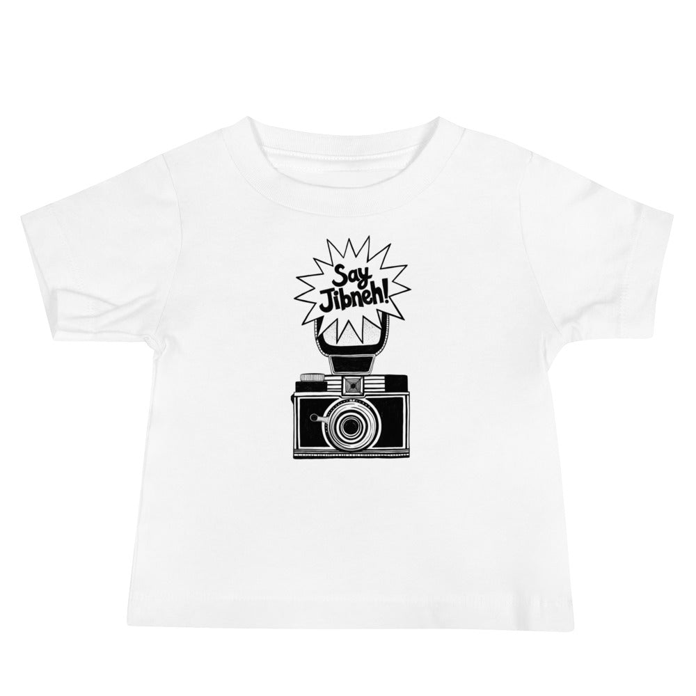 Say Jibneh short sleeve baby tee in white, front view, Arab food humor baby clothing by BOSA