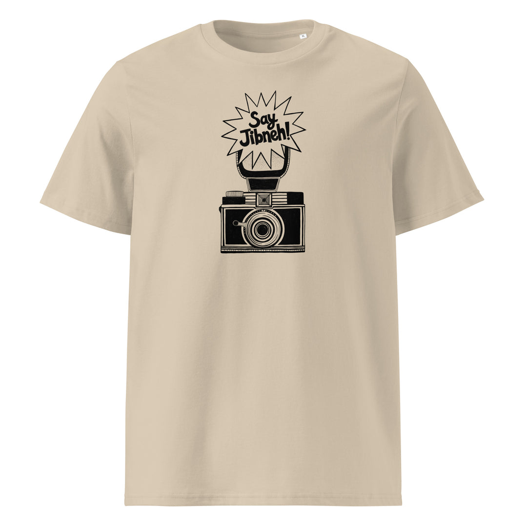 Say Jibneh organic cotton unisex t-shirt in desert dust, front view, Arab food humor apparel by BOSA