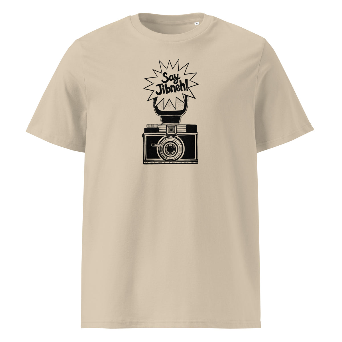 Say Jibneh organic cotton unisex t-shirt in desert dust, front view, Arab food humor apparel by BOSA