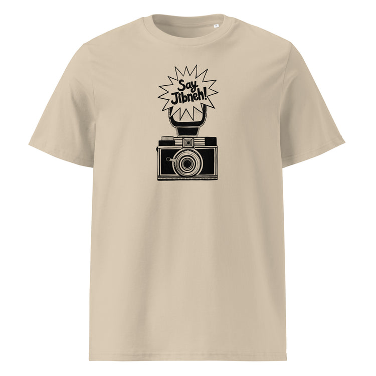 Say Jibneh organic cotton unisex t-shirt in desert dust, front view, Arab food humor apparel by BOSA