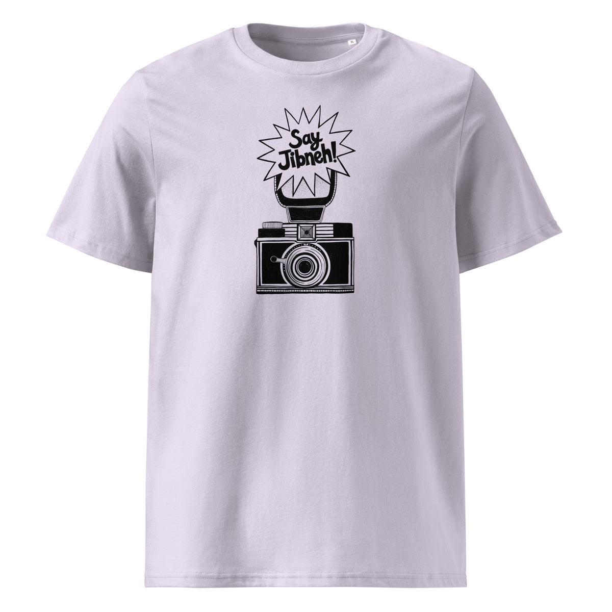 Say Jibneh organic cotton unisex t-shirt in lavender, front view, Arab food humor apparel by BOSA
