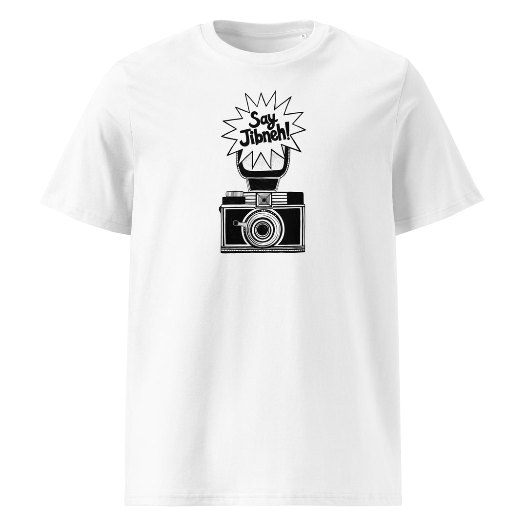 Say Jibneh organic cotton unisex t-shirt in white, front view, Arab food humor apparel by BOSA