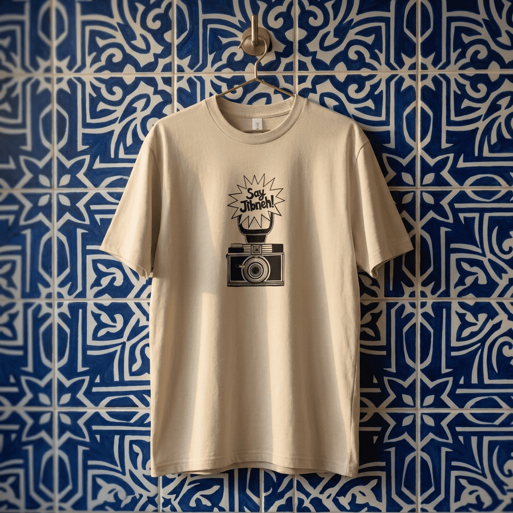Model wearing Say Jibneh organic cotton t-shirt, side angle, Arab food humor streetwear by BOSA