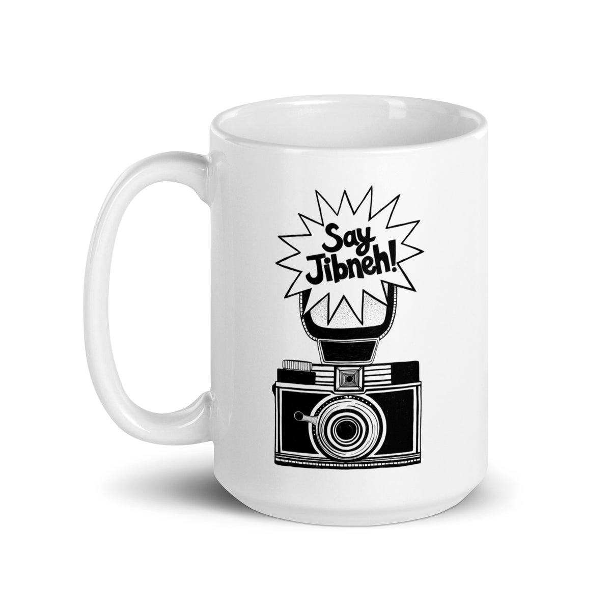 Say Jibneh white glossy mug, 15 oz, Arab food humor gift by BOSA