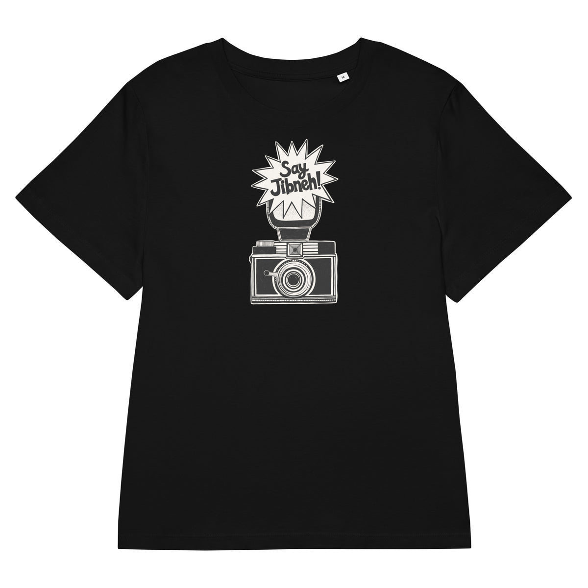 Say Jibneh women's organic ribbed neck t-shirt in black, front view, Arab food humor apparel by BOSA