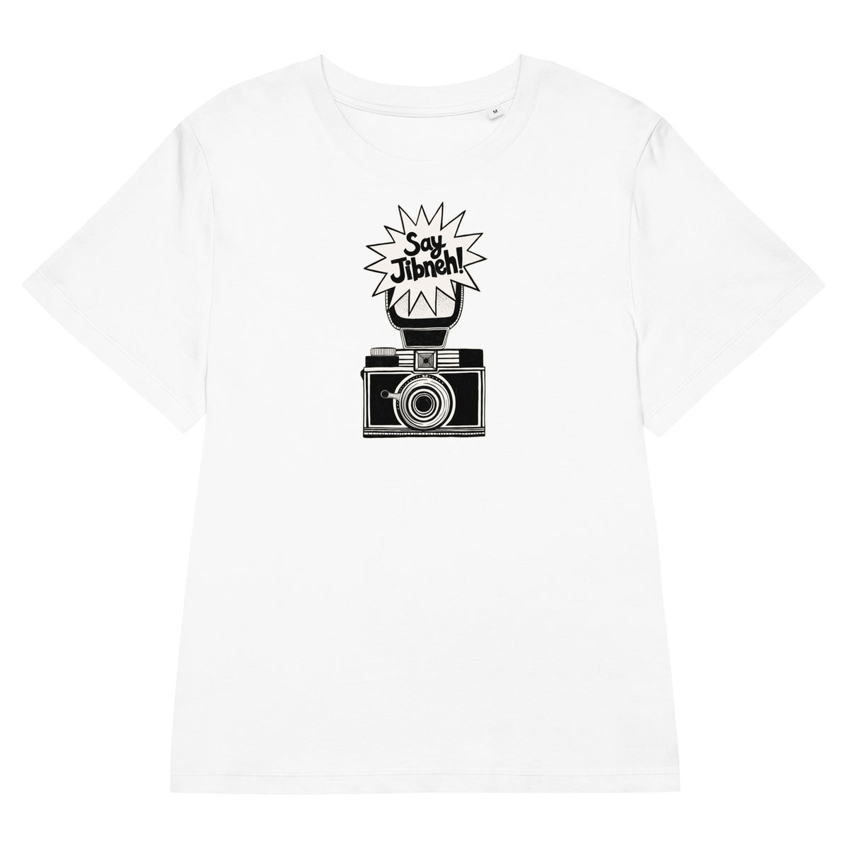 Say Jibneh women's organic ribbed neck t-shirt in white, front view, Arab food humor apparel by BOSA
