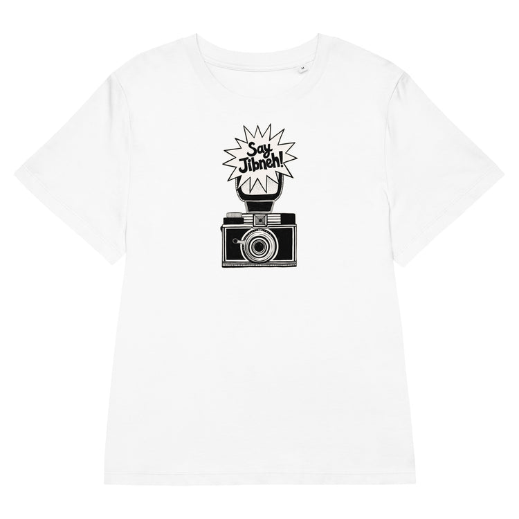 Say Jibneh women's organic ribbed neck t-shirt in white, front view, Arab food humor apparel by BOSA