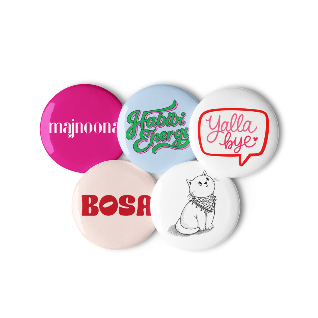 Bosa button set, yalla bye, majnoona, pali cat, habibi energy, bosa