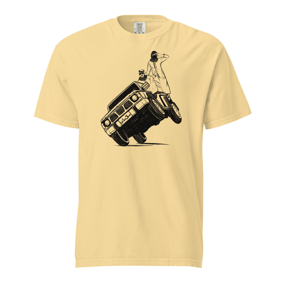 Sidewheelie heavyweight unisex t-shirt in butter yellow, front view, Arab car culture apparel by BOSA