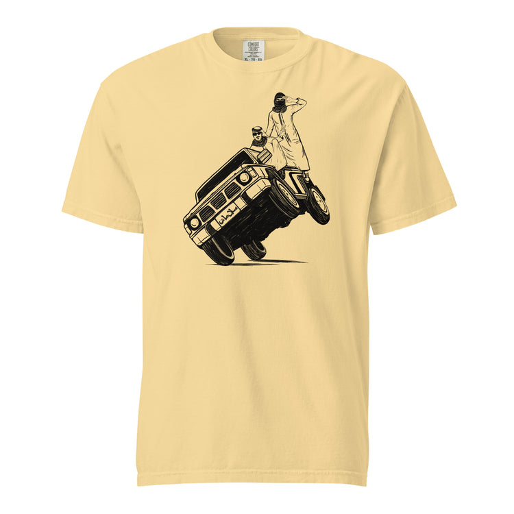 Sidewheelie heavyweight unisex t-shirt in butter yellow, front view, Arab car culture apparel by BOSA