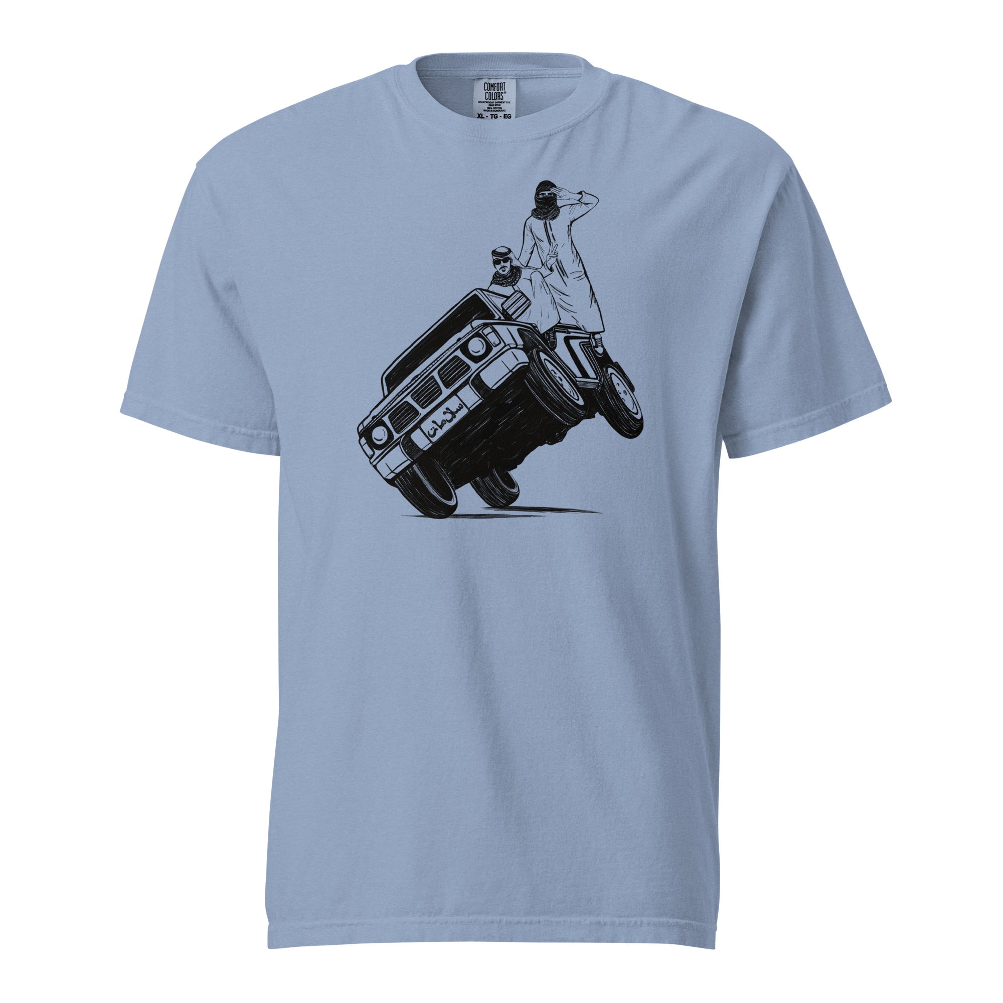 Sidewheelie heavyweight unisex t-shirt in washed denim, front view, Arab car culture apparel by BOSA