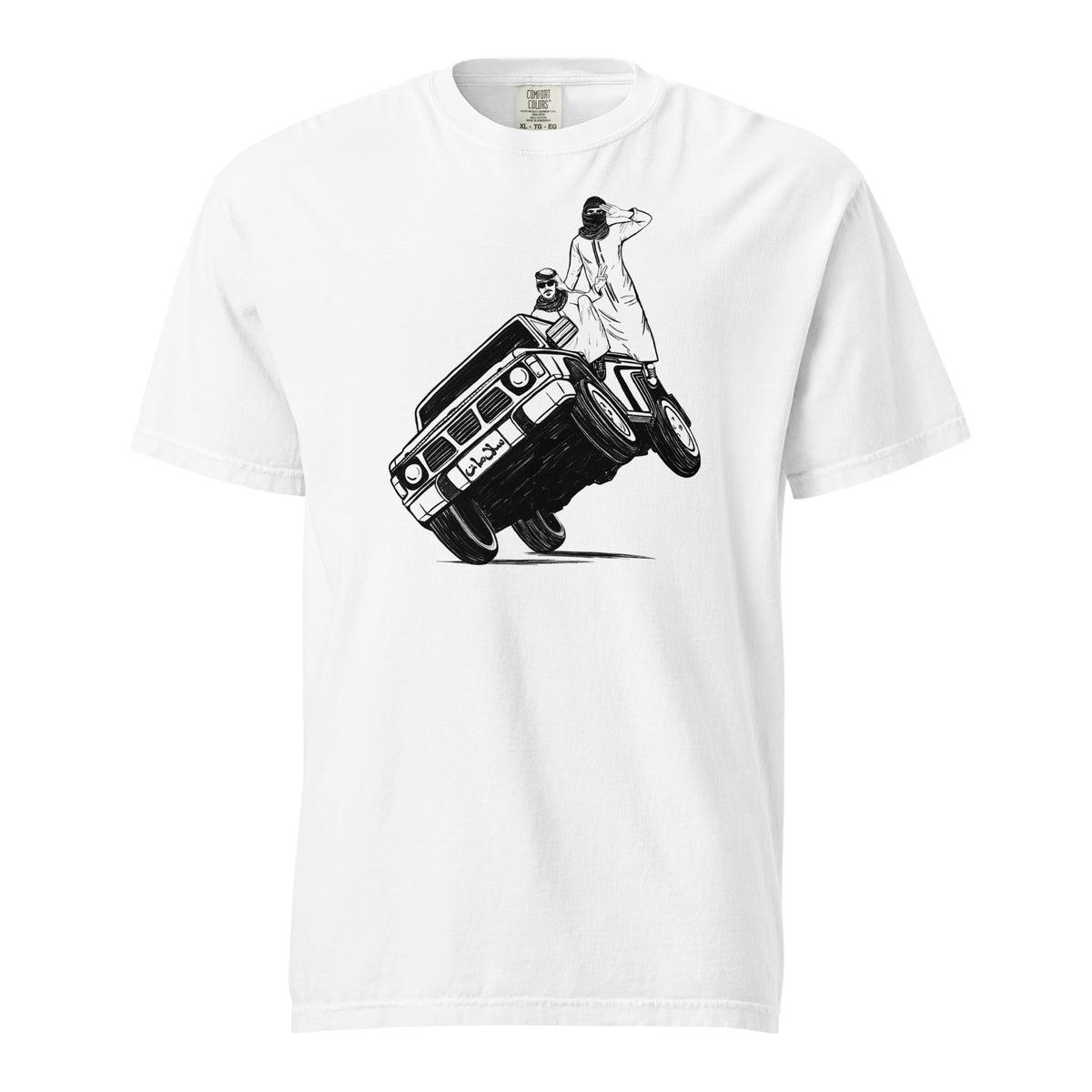 Sidewheelie heavyweight unisex t-shirt in white, front view, Arab car culture apparel by BOSA