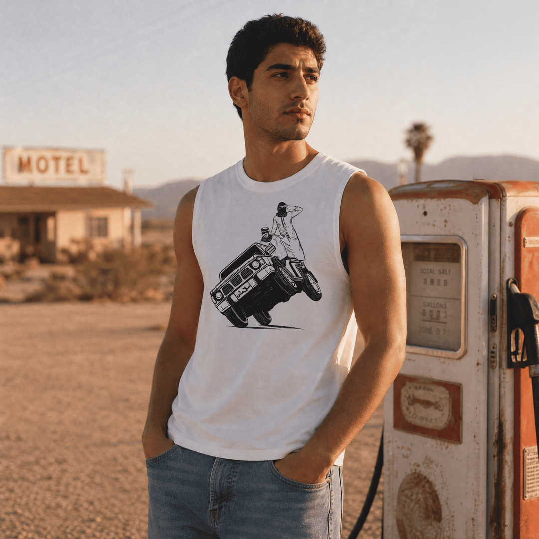 Man wearing Sidewheelie muscle tank top, Arab car culture streetwear by BOSA