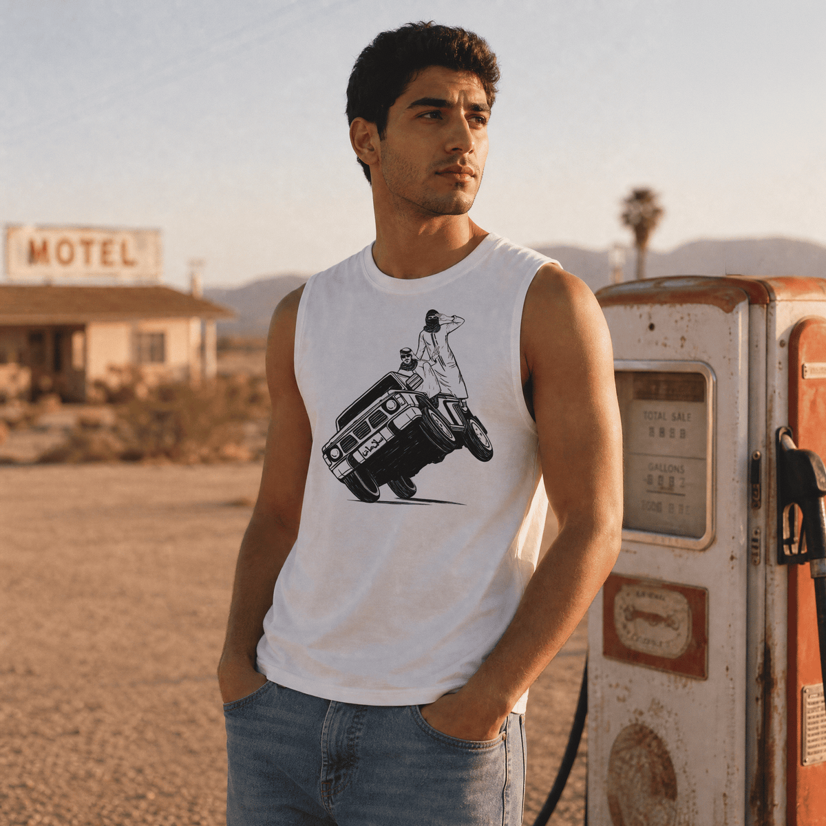 Man wearing Sidewheelie muscle tank top, Arab car culture streetwear by BOSA