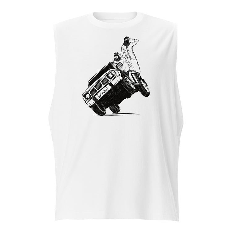Sidewheelie unisex muscle tank top in white, front view, Arab car culture apparel by BOSA