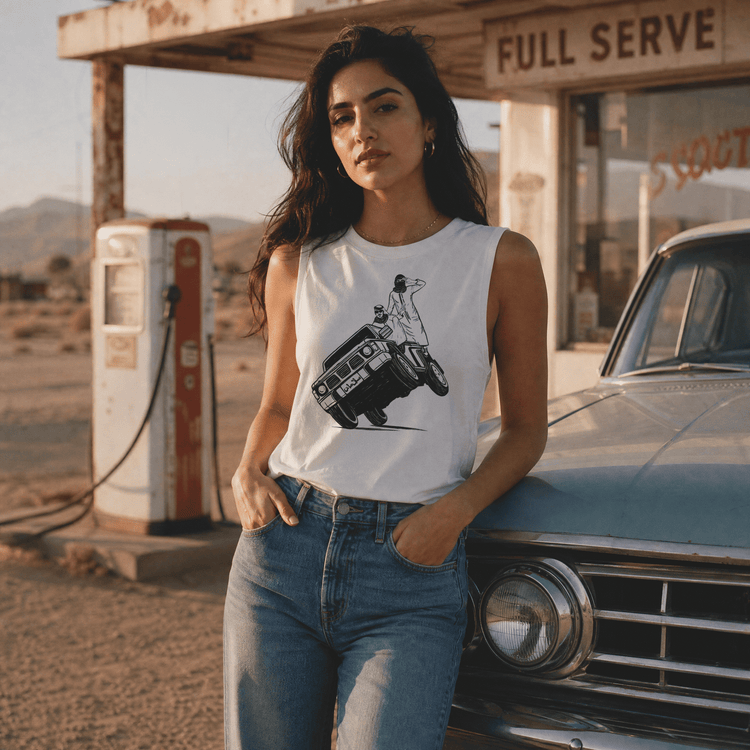 Woman wearing Sidewheelie muscle tank top, Arab car culture streetwear by BOSA