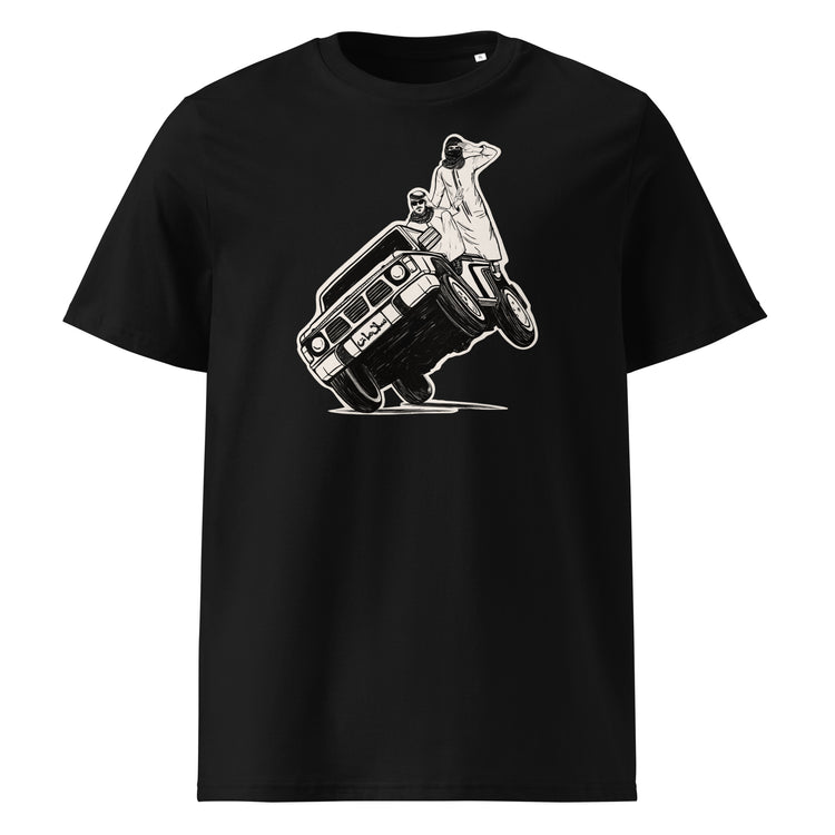 Sidewheelie organic cotton unisex t-shirt in black, front view, Arab car culture apparel by BOSA
