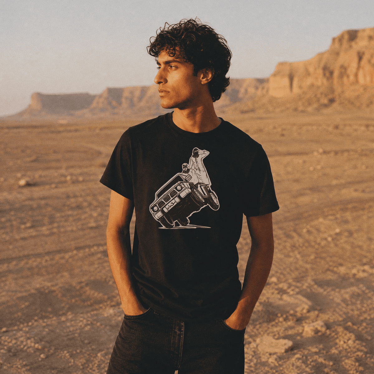 Man wearing Sidewheelie organic cotton t-shirt, Arab car culture streetwear by BOSA