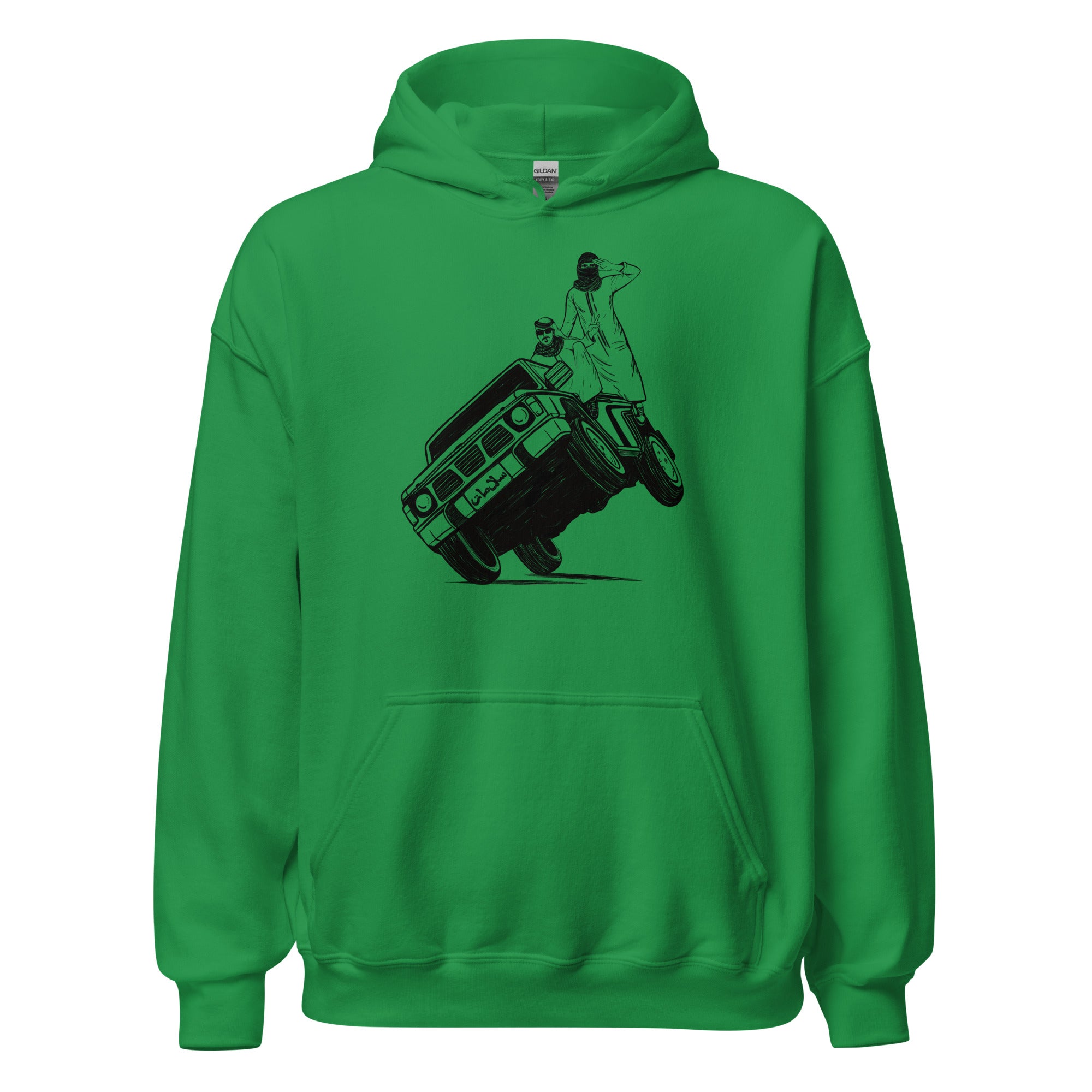 Sidewheelie unisex hoodie in Irish green, front view, Arab car culture apparel by BOSA