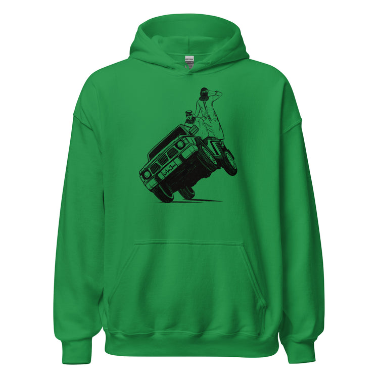 Sidewheelie unisex hoodie in Irish green, front view, Arab car culture apparel by BOSA