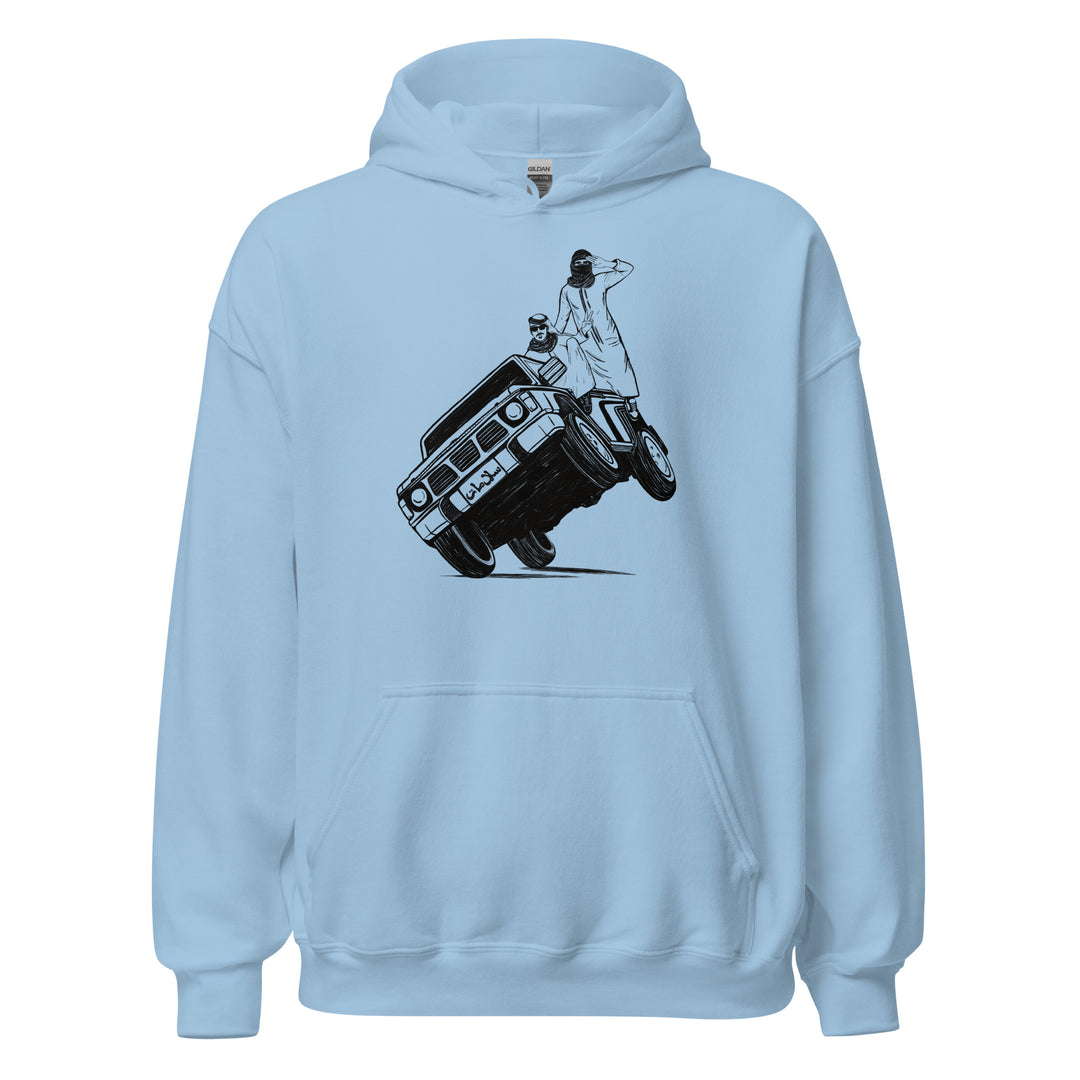 Sidewheelie unisex hoodie in light blue, front view, Arab car culture apparel by BOSA