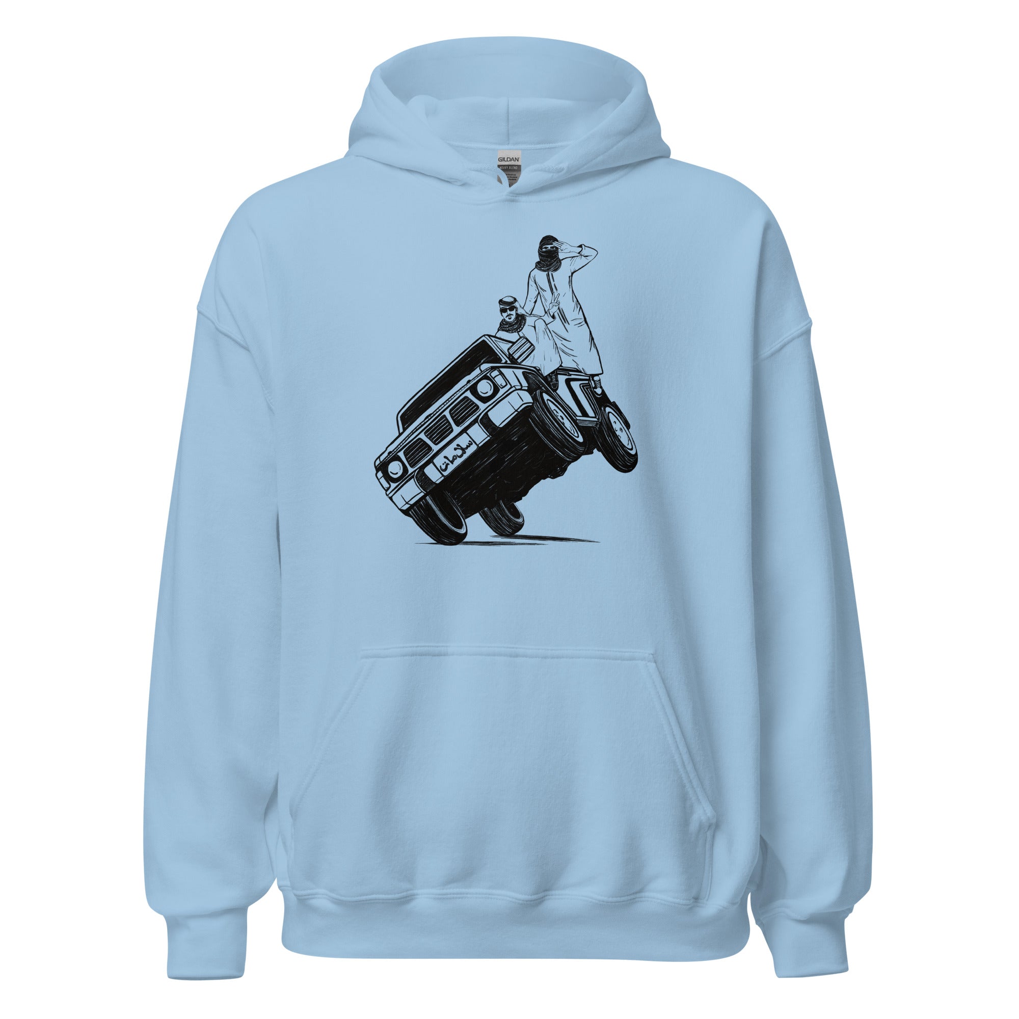 Sidewheelie unisex hoodie in light blue, front view, Arab car culture apparel by BOSA