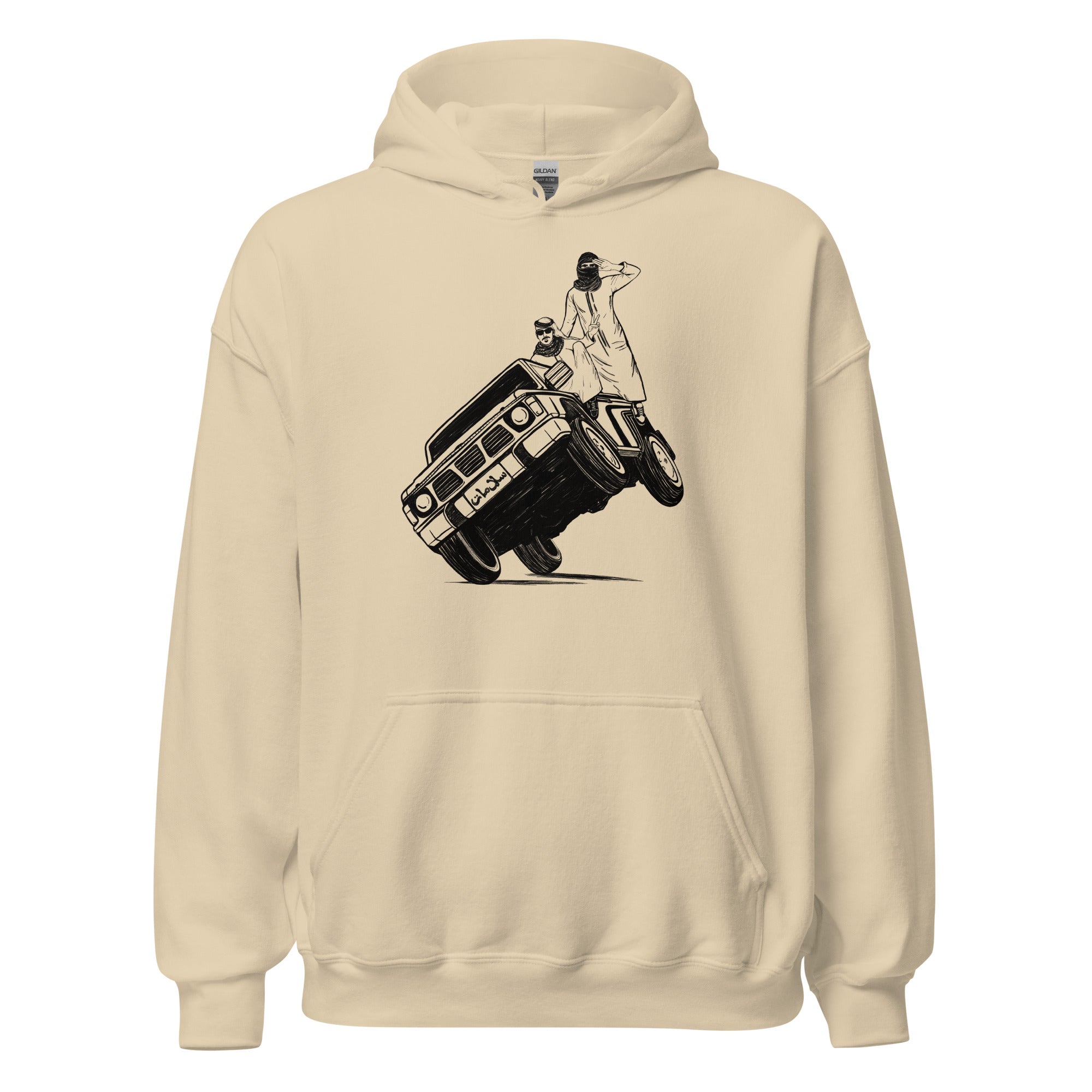 Sidewheelie unisex hoodie in sand, front view, Arab car culture apparel by BOSA