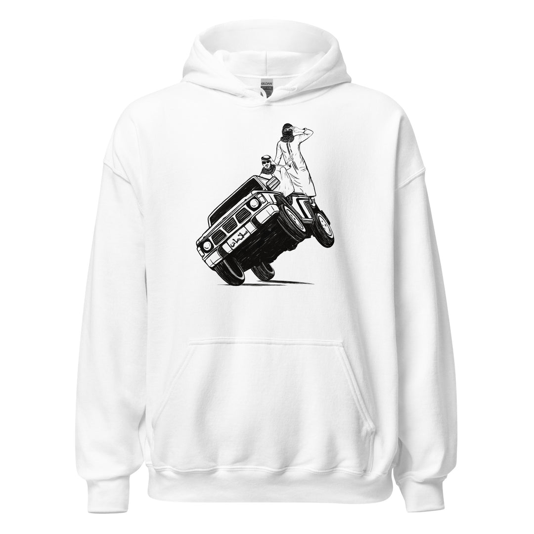 Sidewheelie unisex hoodie in white, front view, Arab car culture apparel by BOSA