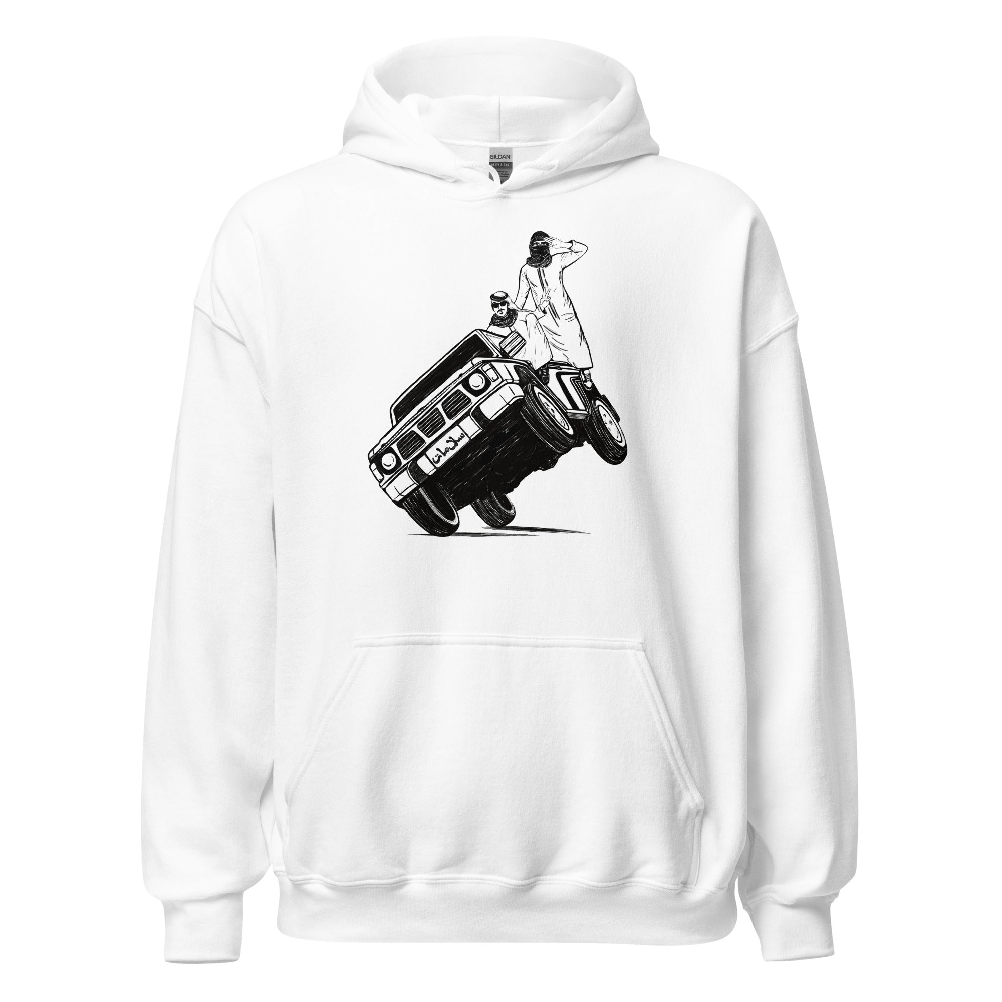 Sidewheelie unisex hoodie in white, front view, Arab car culture apparel by BOSA