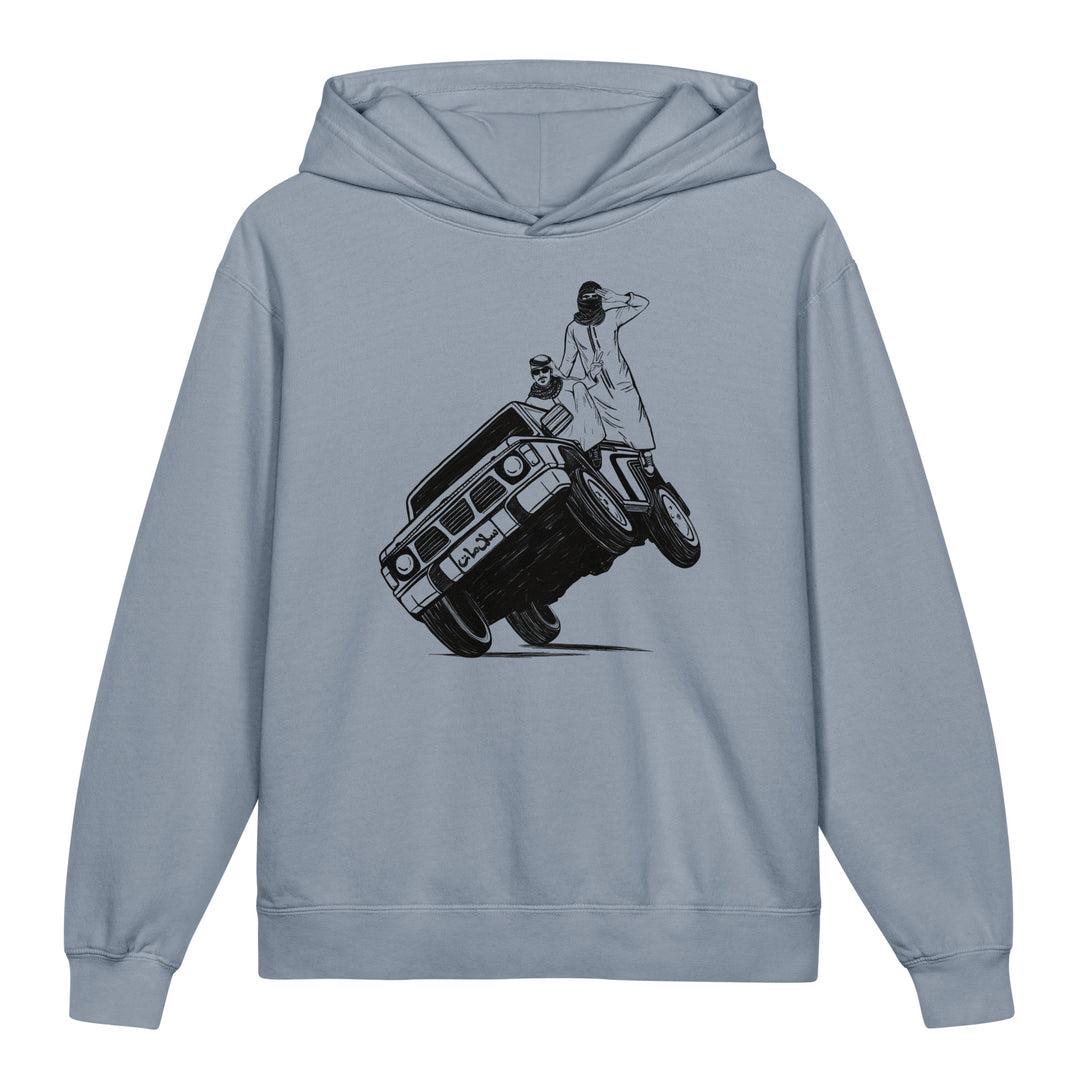 Sidewheelie youth lightweight hooded sweatshirt in blue jean, front view, Arab car culture kids clothing by BOSA