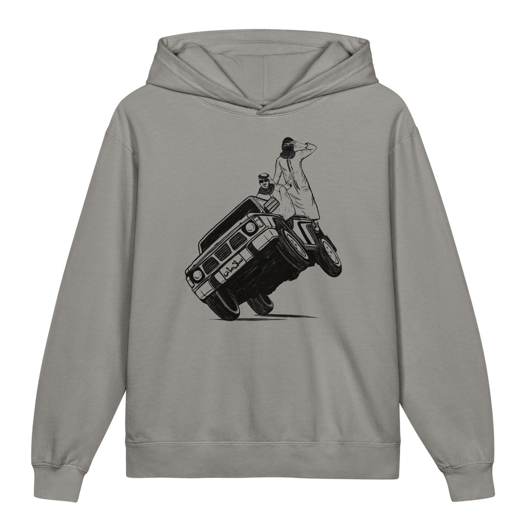 Sidewheelie youth lightweight hooded sweatshirt in grey, front view, Arab car culture kids clothing by BOSA