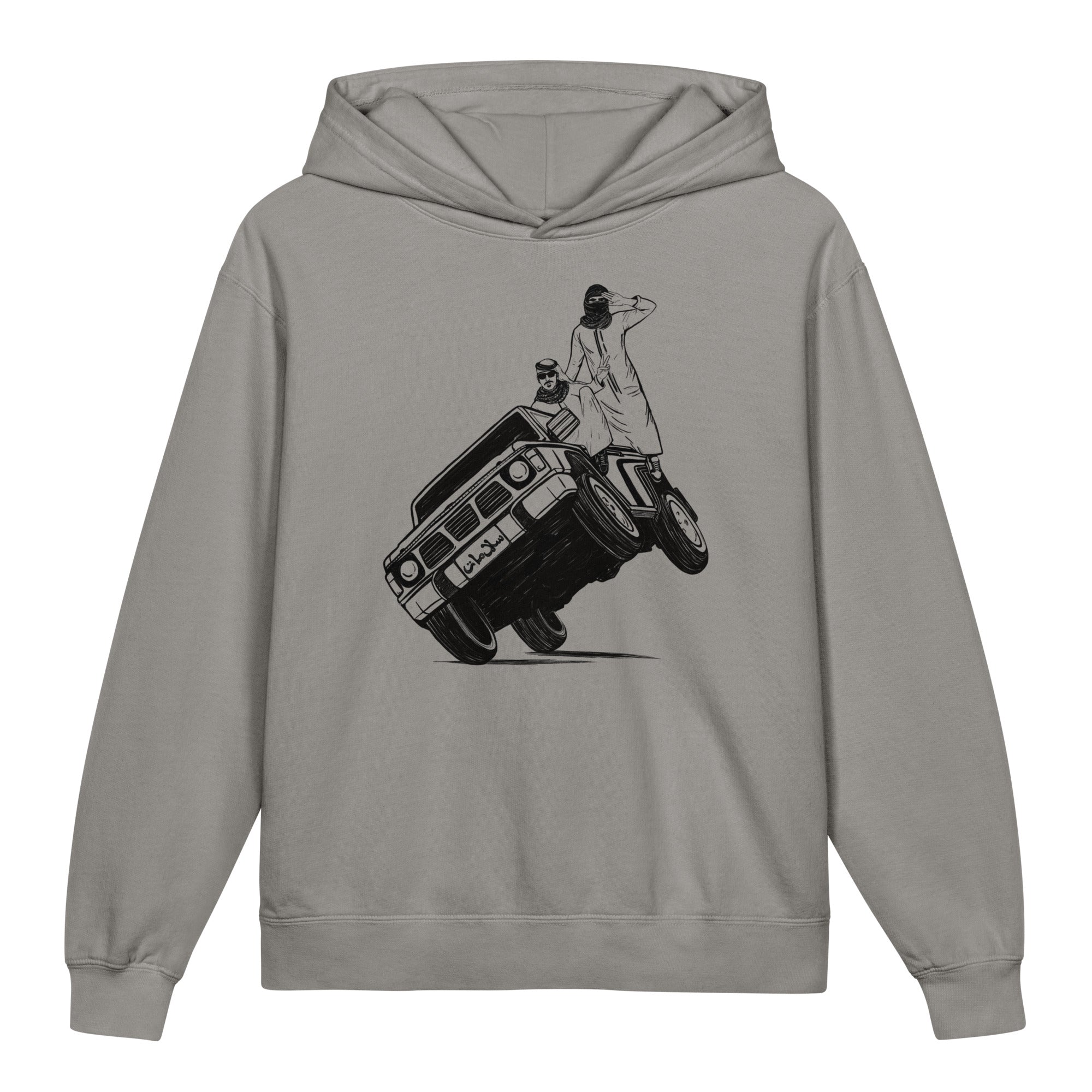 Sidewheelie youth lightweight hooded sweatshirt in grey, front view, Arab car culture kids clothing by BOSA
