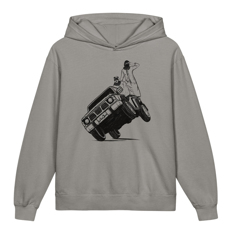 Sidewheelie youth lightweight hooded sweatshirt in grey, front view, Arab car culture kids clothing by BOSA