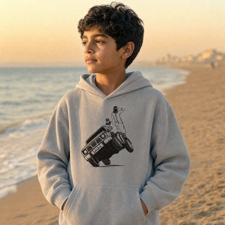 Child wearing Sidewheelie youth hoodie, Arab car culture kids clothing by BOSA