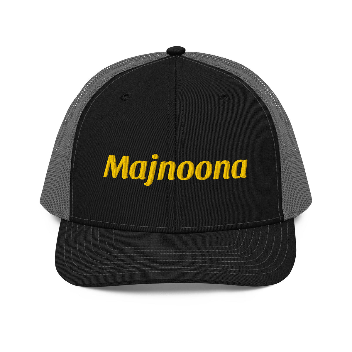 Majnoona snapback trucker cap in black and charcoal, front view, Arabic slogan cap by BOSA