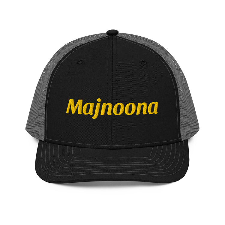 Majnoona snapback trucker cap in black and charcoal, front view, Arabic slogan cap by BOSA