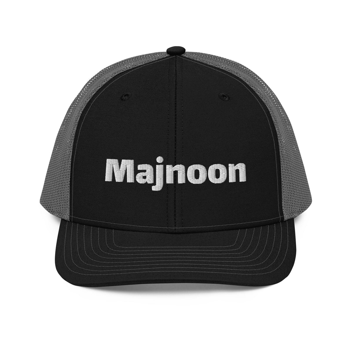 Majnoon snapback trucker cap in black and charcoal, front view, Arabic slogan cap by BOSA