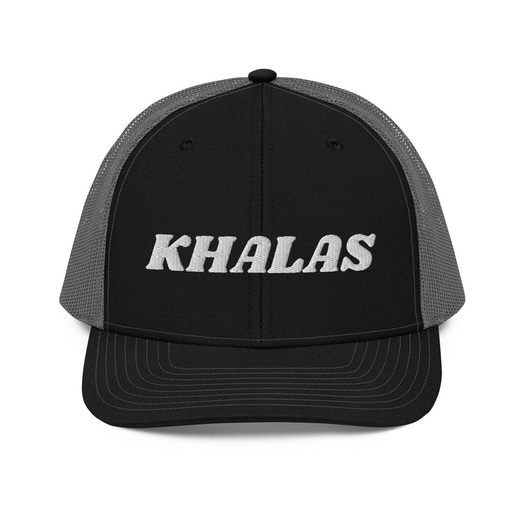Khalas snapback trucker cap in black and charcoal, front view, Arabic slogan cap by BOSA