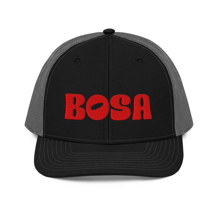 BOSA snapback trucker cap in black and charcoal, front view, Arab streetwear cap by BOSA