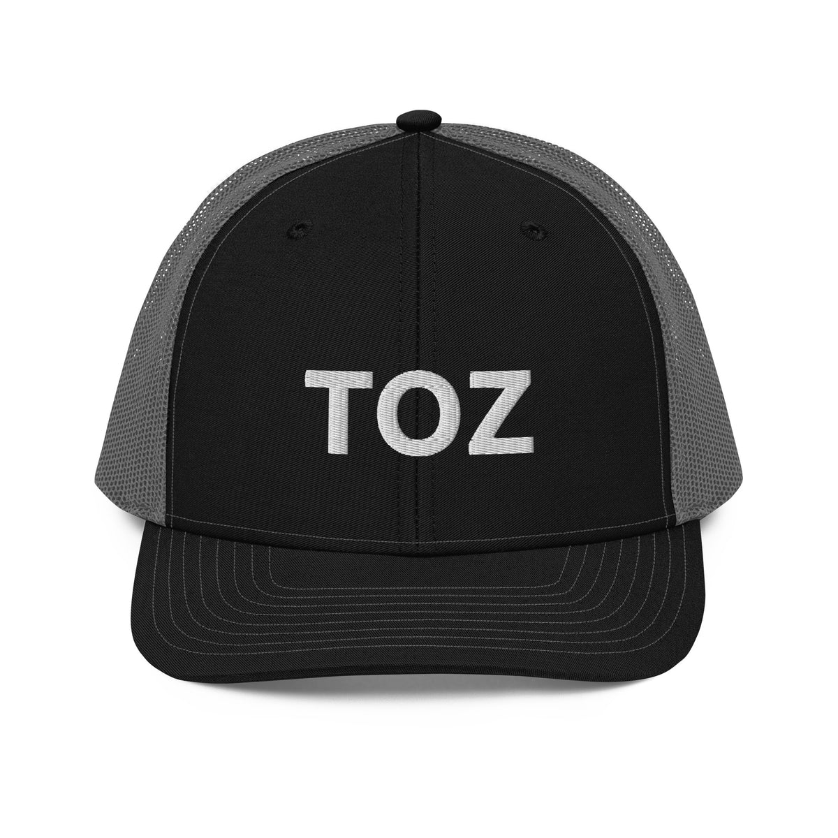 Toz snapback trucker cap in black and charcoal, front angle, Arabic slogan cap by BOSA