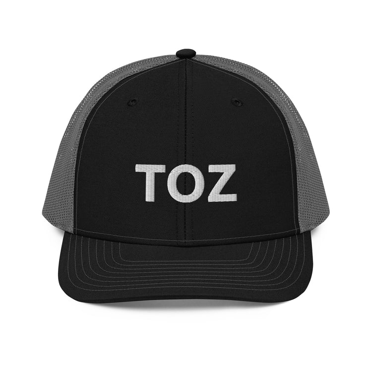 Toz snapback trucker cap in black and charcoal, front angle, Arabic slogan cap by BOSA