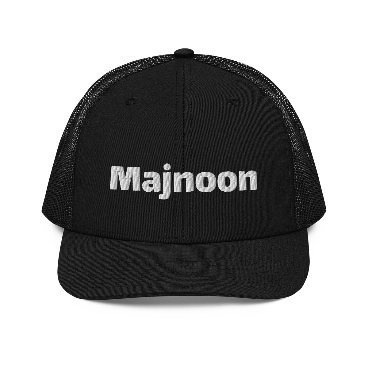 Majnoon snapback trucker cap in black, front view, Arabic slogan cap by BOSA