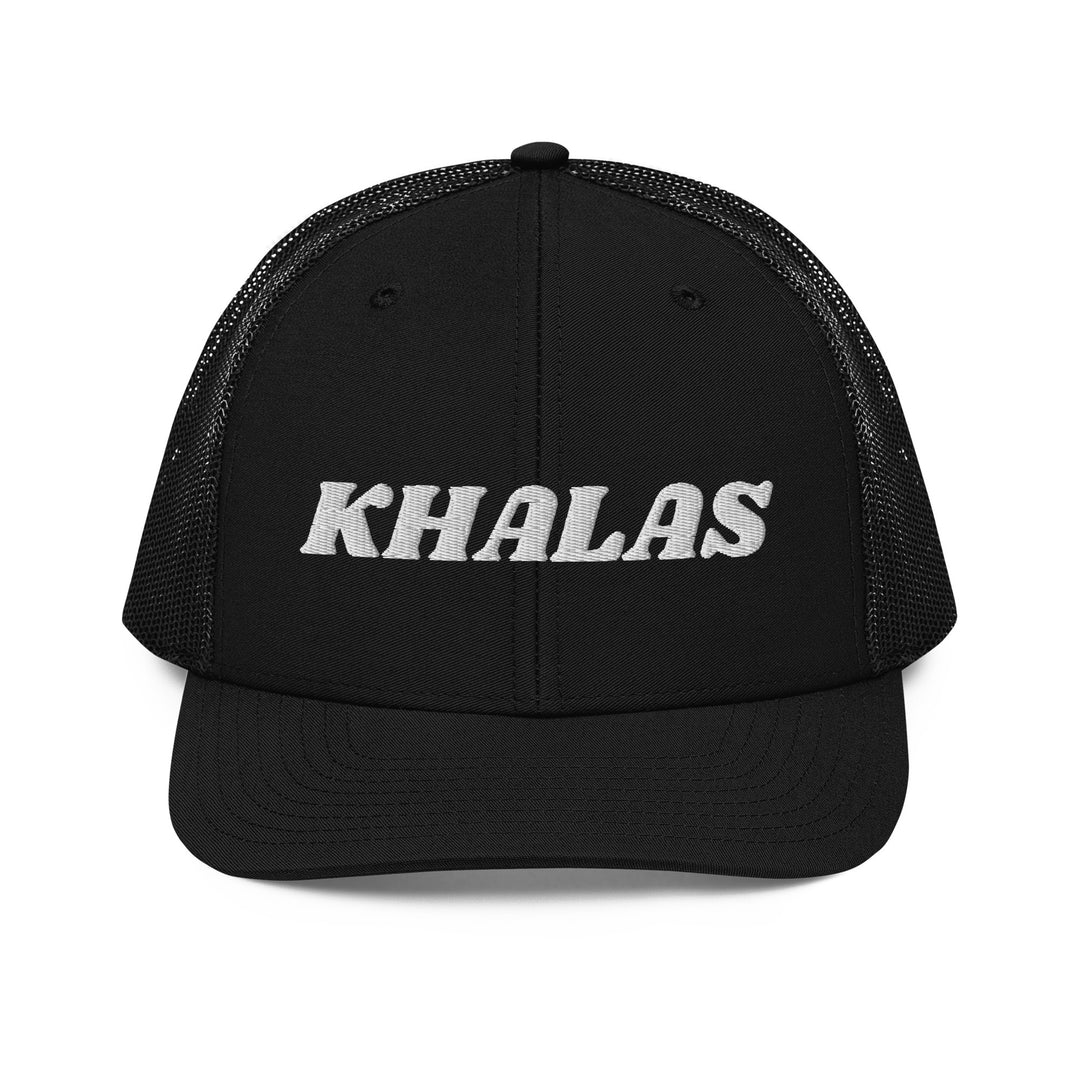 Khalas snapback trucker cap in black, front view, Arabic slogan cap by BOSA