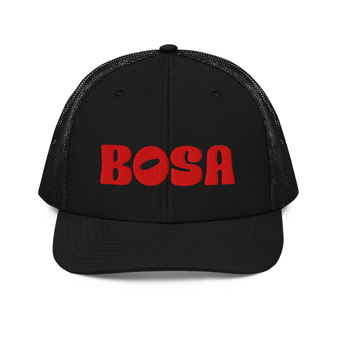 BOSA snapback trucker cap in black, front view, Arab streetwear cap by BOSA