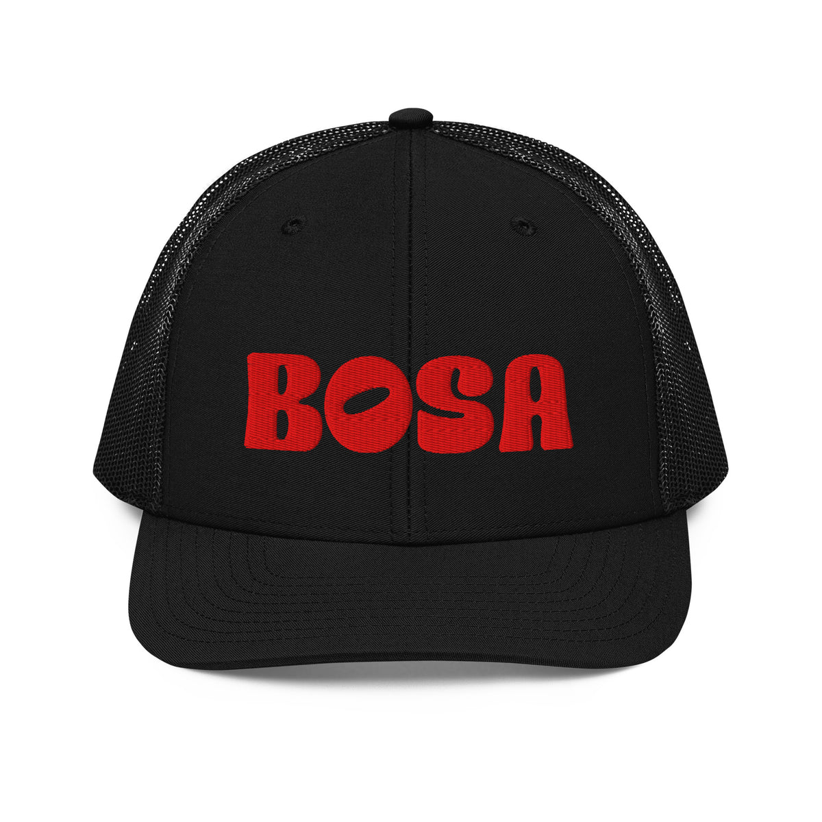 BOSA snapback trucker cap in black, front view, Arab streetwear cap by BOSA