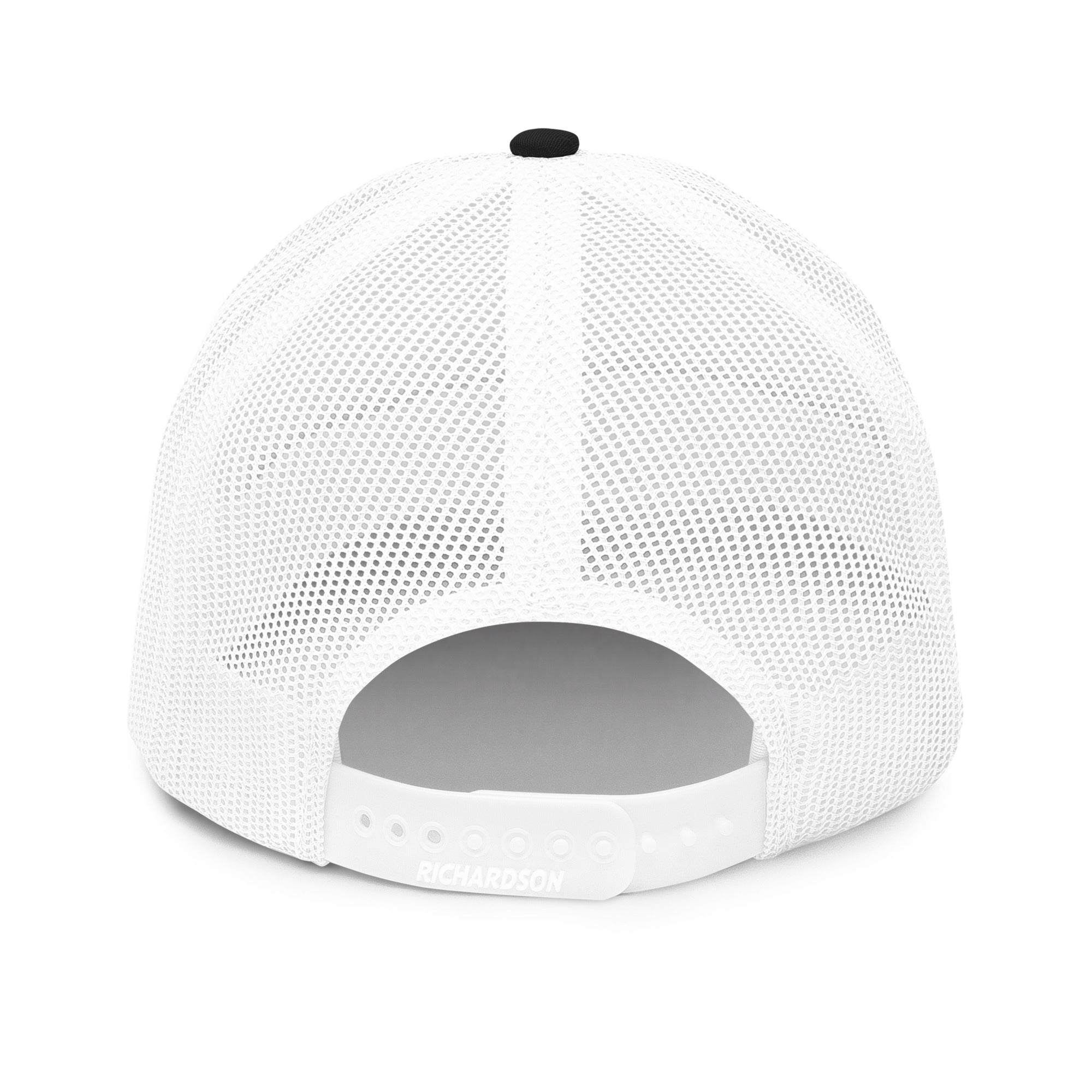 Wallah I'm Tired trucker cap in black and white, back view showing mesh panel, by BOSA