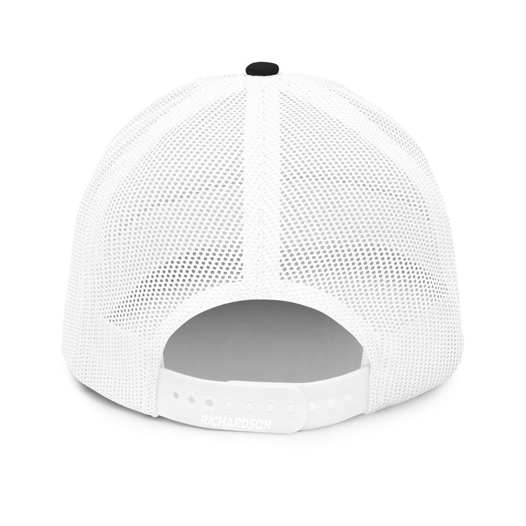 Wallah I'm Tired trucker cap in black and white, back view showing mesh panel, by BOSA