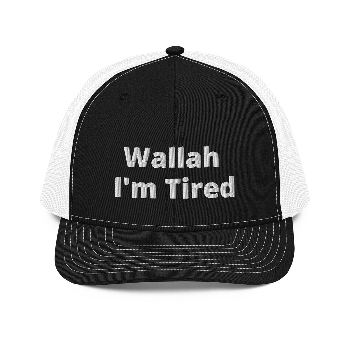 Wallah I'm Tired trucker cap in black and white, front view, Arabic humor snapback by BOSA