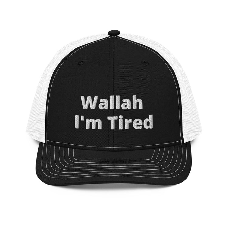 Wallah I'm Tired trucker cap in black and white, front view, Arabic humor snapback by BOSA